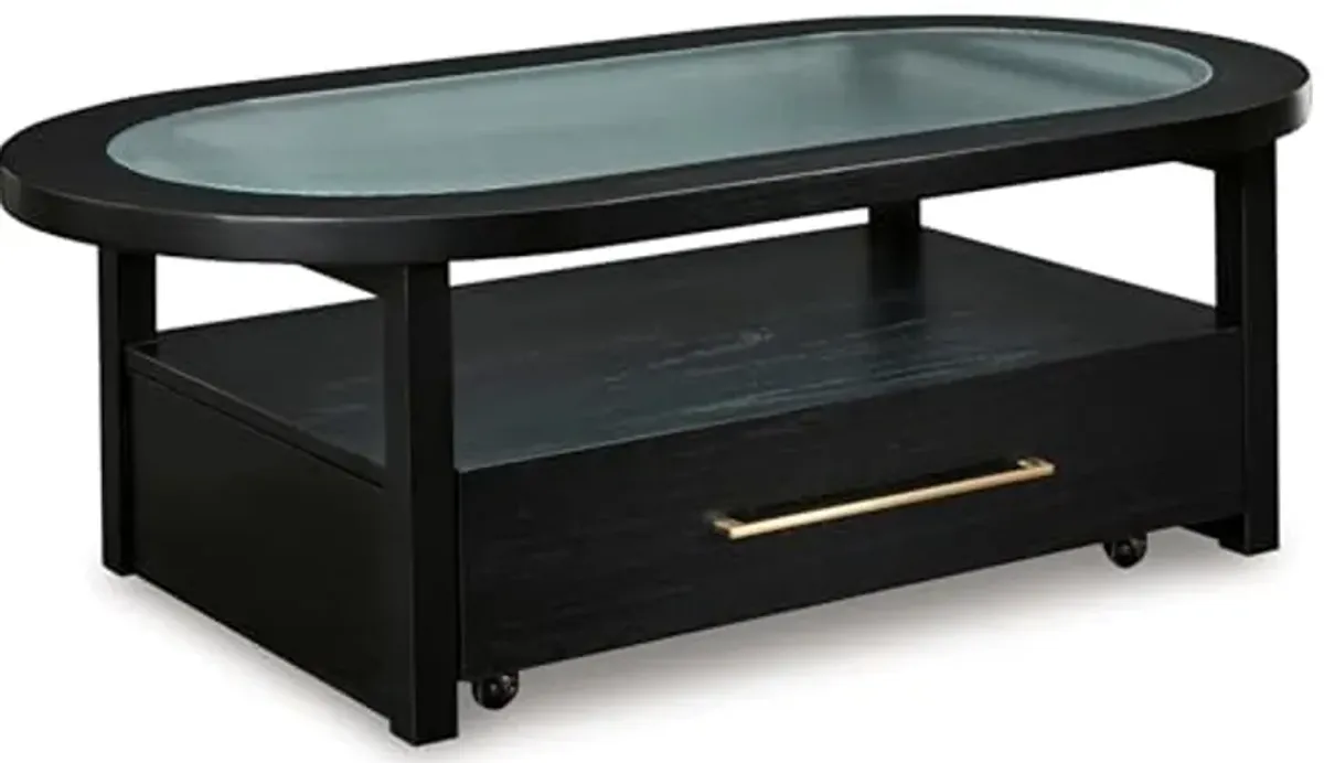 Signature Design by Ashley Winbardi Industrial Glass-Tabletop Coffee Table with Casters and Open Shelf, Black