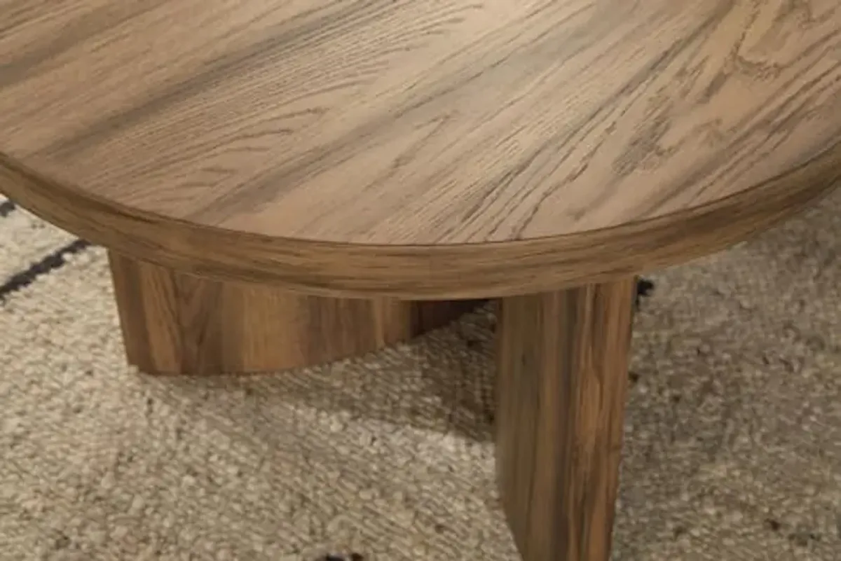 Signature Design by Ashley Austanny Rustic Thick-Tabletop Coffee Table with Curved Plinth Base, Light Brown