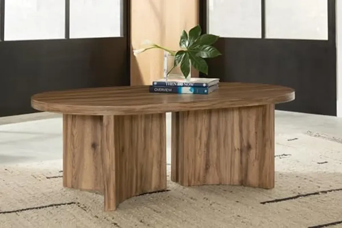 Signature Design by Ashley Austanny Rustic Thick-Tabletop Coffee Table with Curved Plinth Base, Light Brown