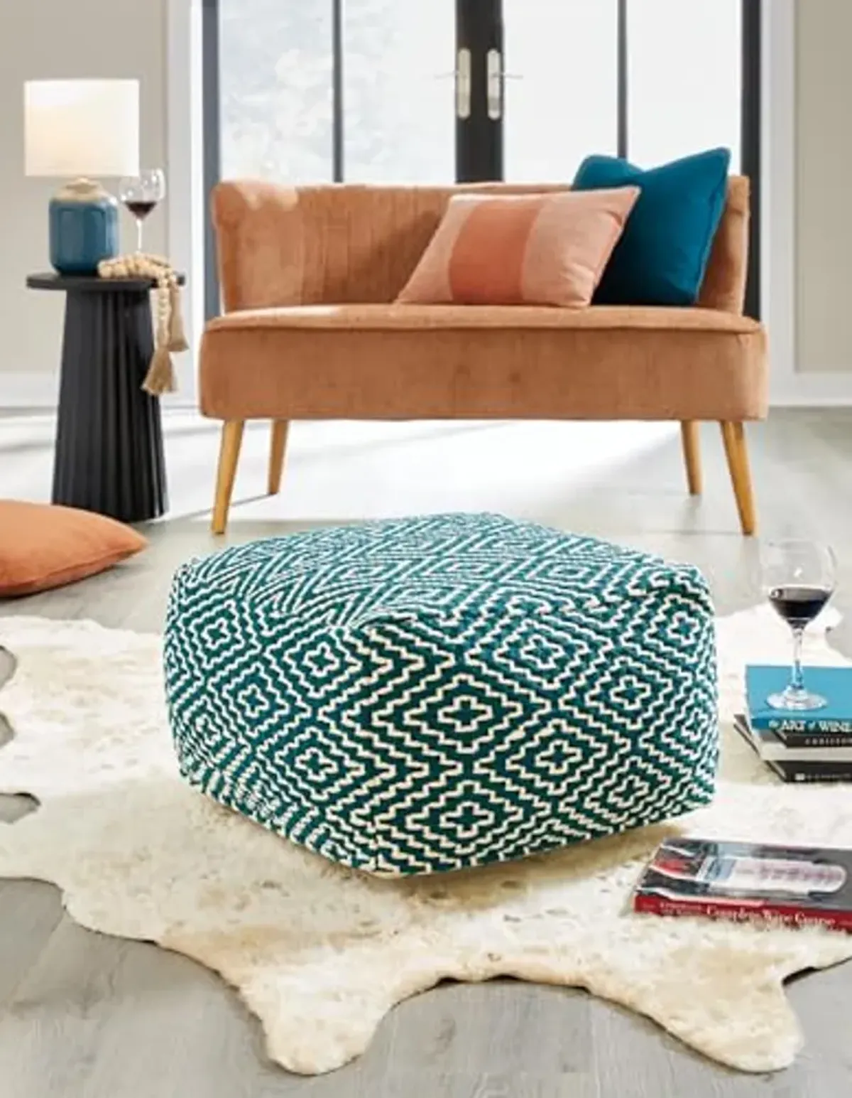 Signature Design by Ashley Brynnsen Casual Handwoven Geometric Pouf, Green & White