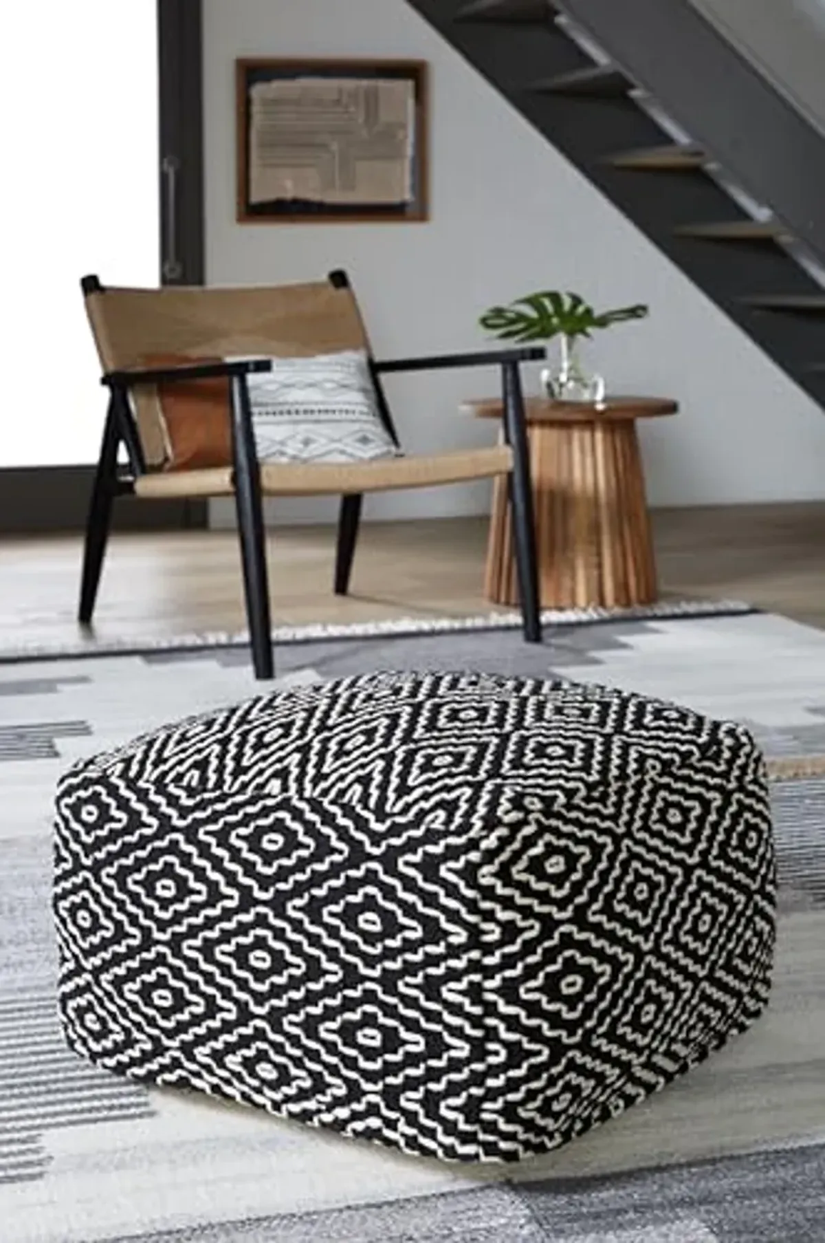 Signature Design by Ashley Jasett Casual Handwoven Geometric Pouf, Black & White