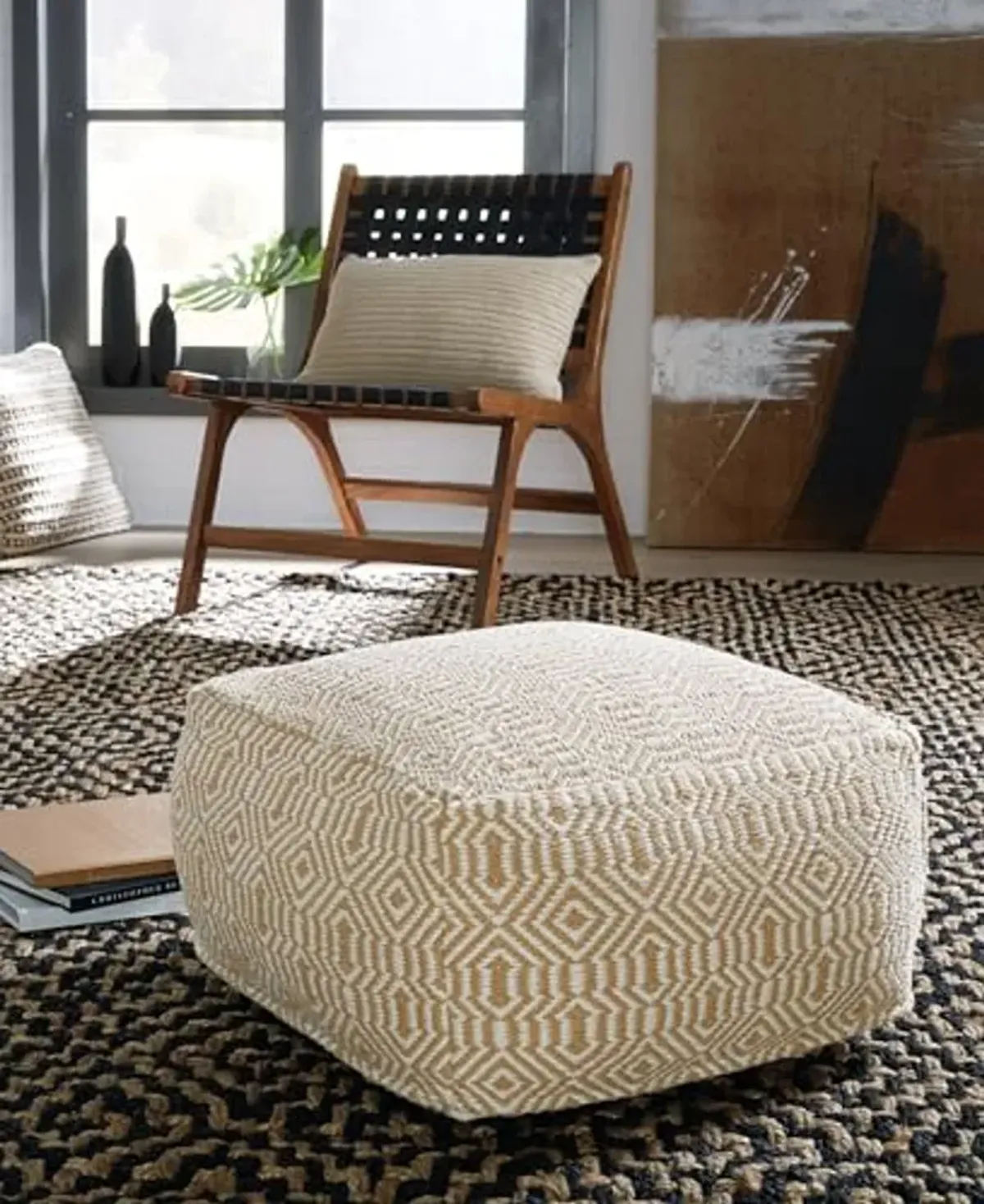 Signature Design by Ashley Adamont Casual Handwoven Geometric Pouf, Beige & White