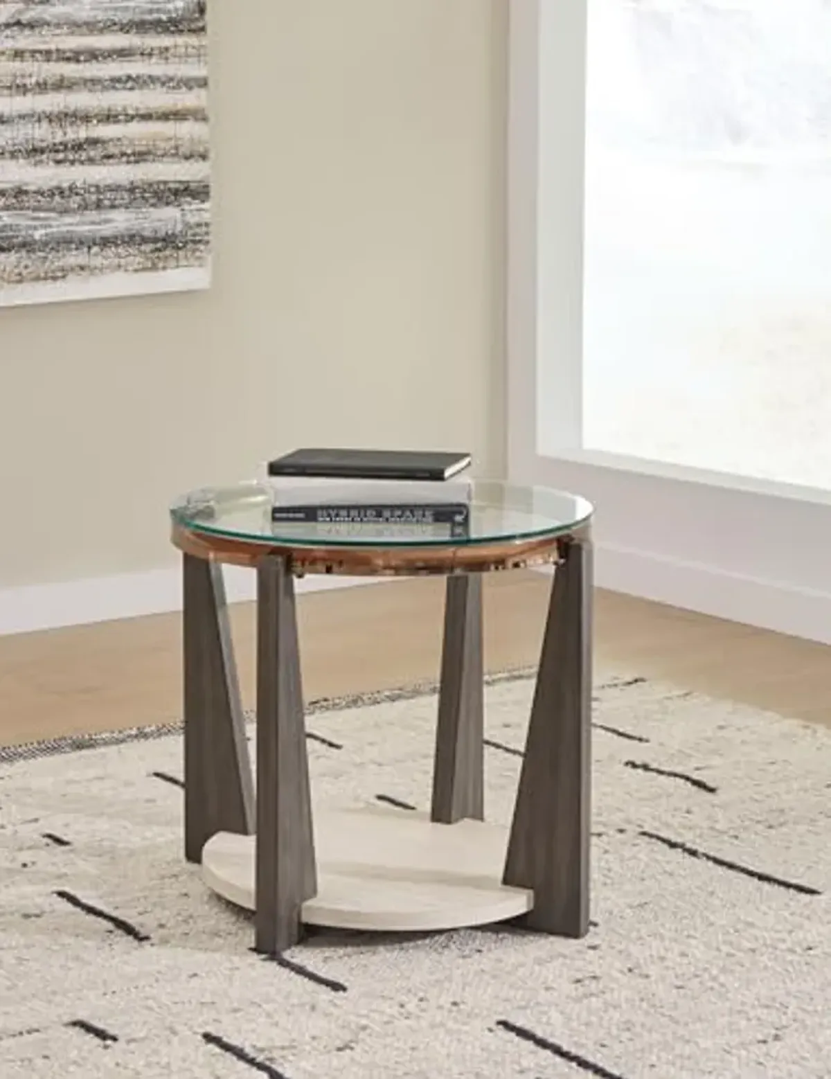 Signature Design by Ashley Frazwa Modern Glass-Tabletop End Table with Open Lower Shelf, Dark Brown & Beige