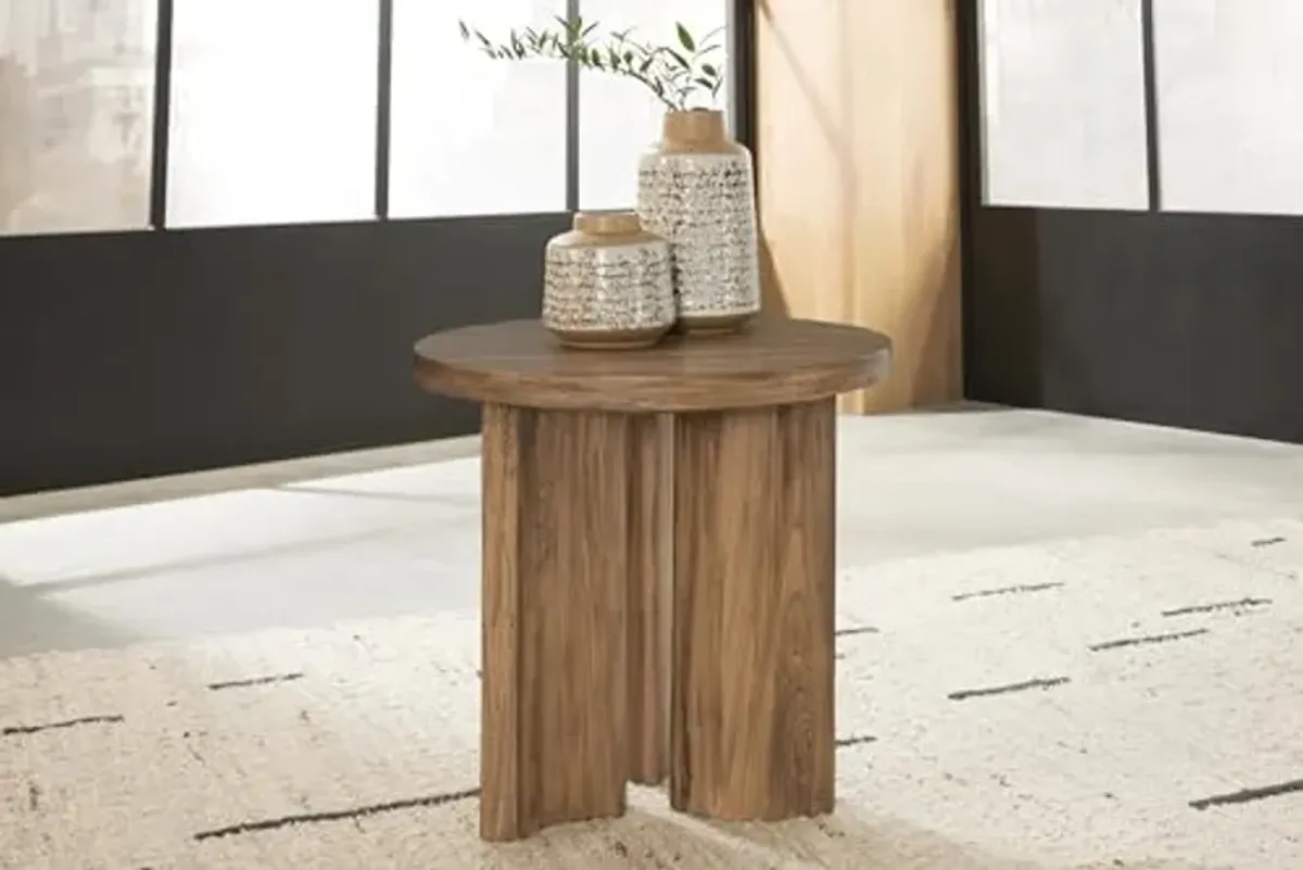 Signature Design by Ashley Austanny Rustic Thick-Tabletop End Table with Curved Plinth Base, Light Brown