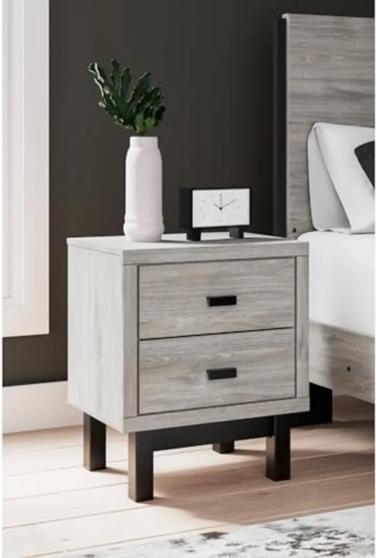 Signature Design by Ashley Vessalli Contemporary 2 Drawer Nightstand with Wireless Charging and USB Ports, 25" Tall, Light Gray & Black