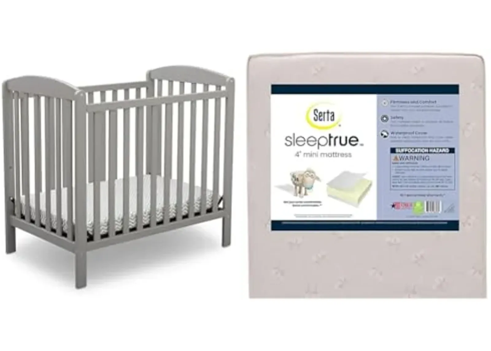 Delta Children Emery Mini Convertible Crib with Serta SleepTrue Mini Crib Mattress, Grey and White