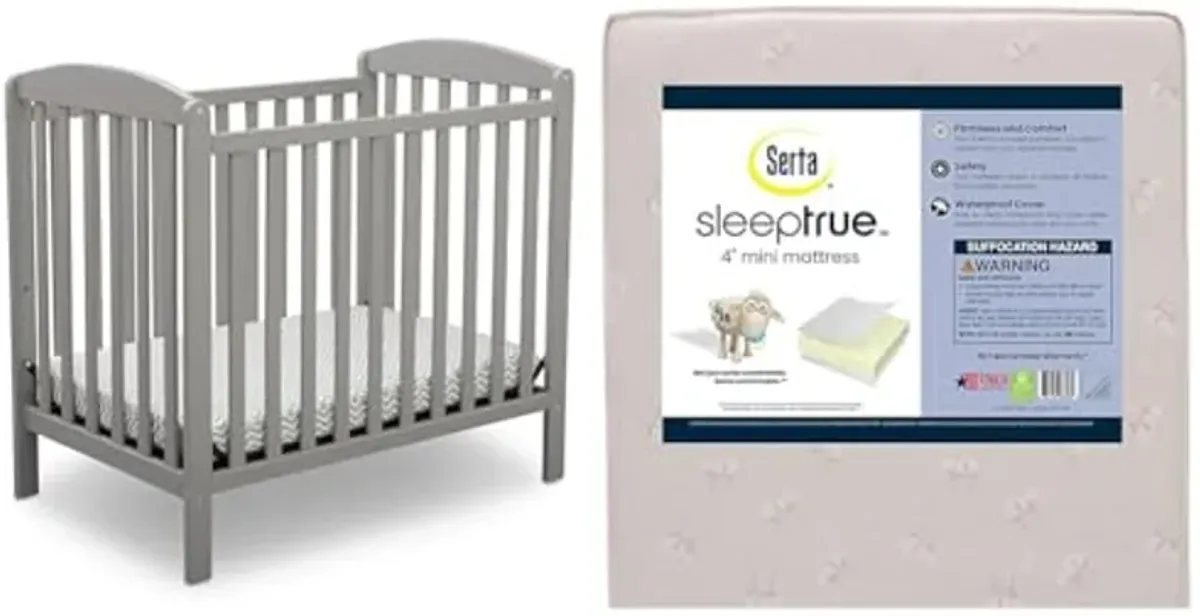 Delta Children Emery Mini Convertible Crib with Serta SleepTrue Mini Crib Mattress, Grey and White