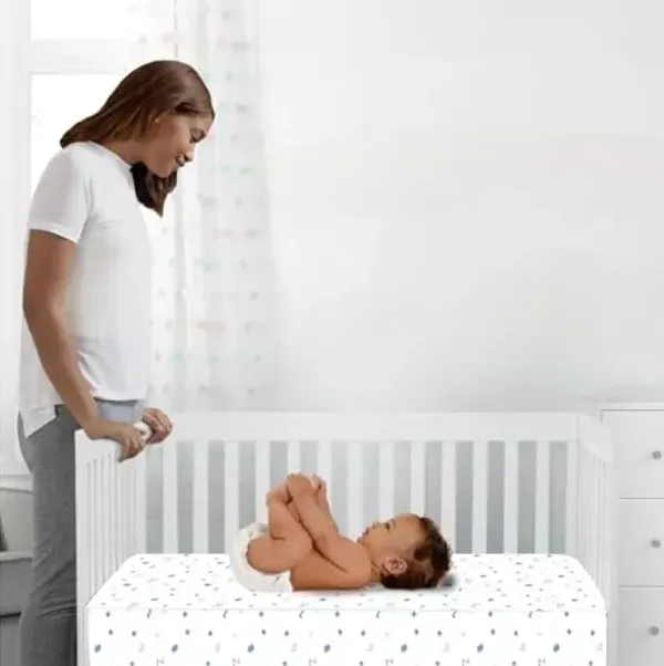 Simmons Kids Quiet Nights 4-inch Mini Crib Mattress - GREENGUARD Gold – Waterproof - Sustainably Sourced Core Fiber Core, White/Blue