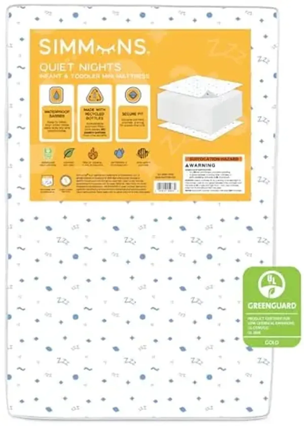 Simmons Kids Quiet Nights 4-inch Mini Crib Mattress - GREENGUARD Gold – Waterproof - Sustainably Sourced Core Fiber Core, White/Blue