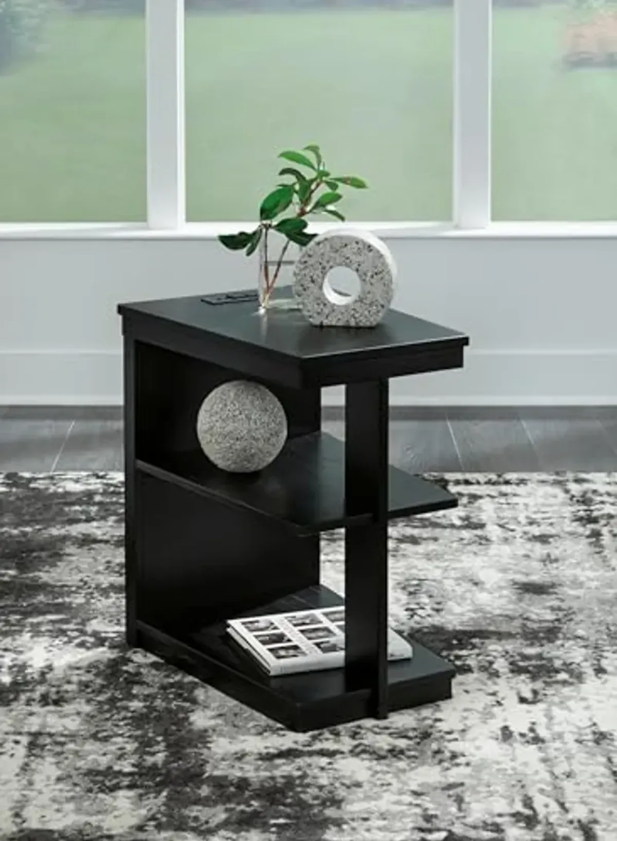 Signature Design by Ashley Winbardi Contemporary Chairside End Table with 2 Shelves and USB Ports, Black