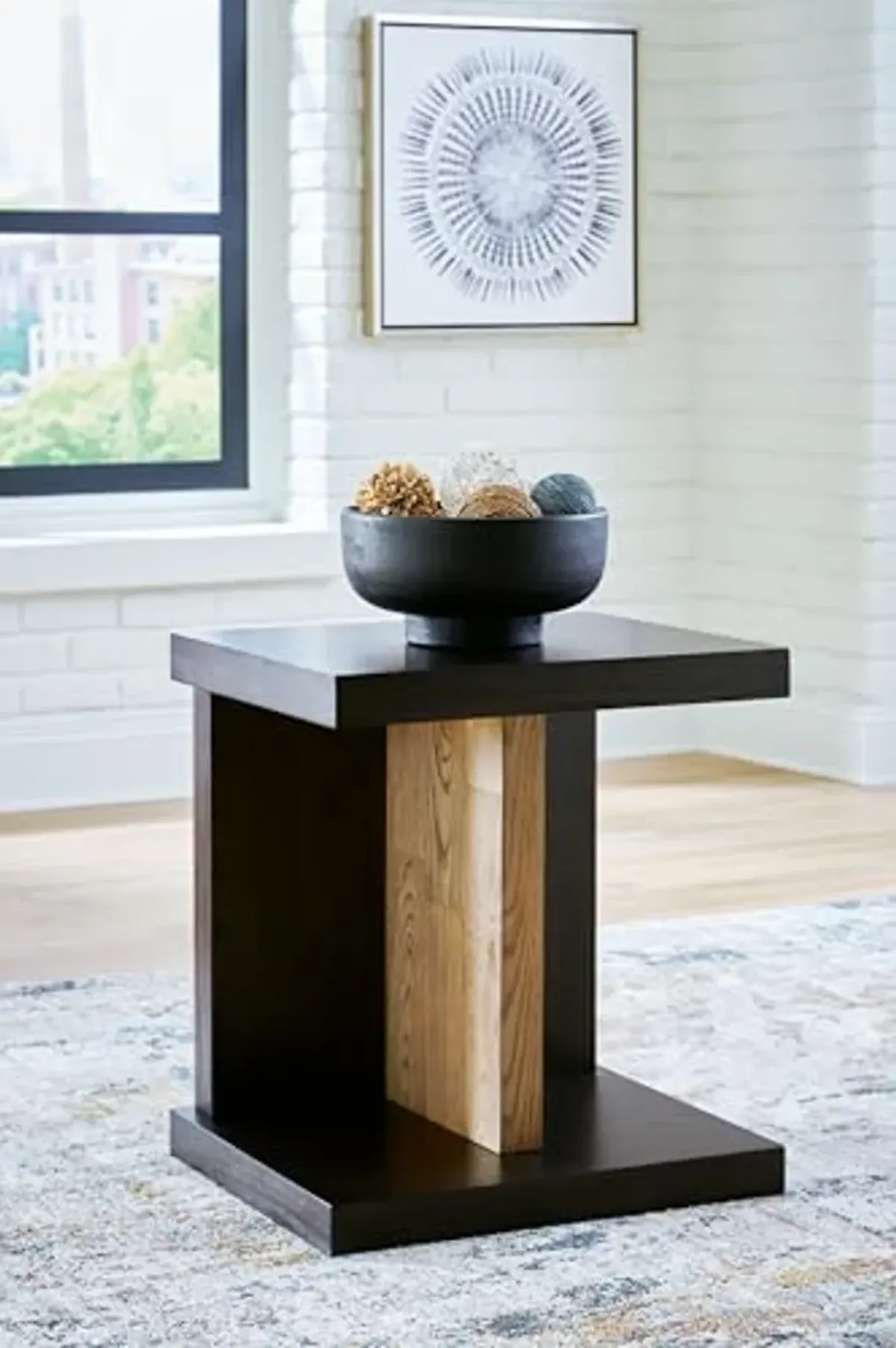 Signature Design by Ashley Kocomore Casual Chairside End Table with Lower Shelf, USB Ports and Open Plinth Base, Dark Brown & Light Brown