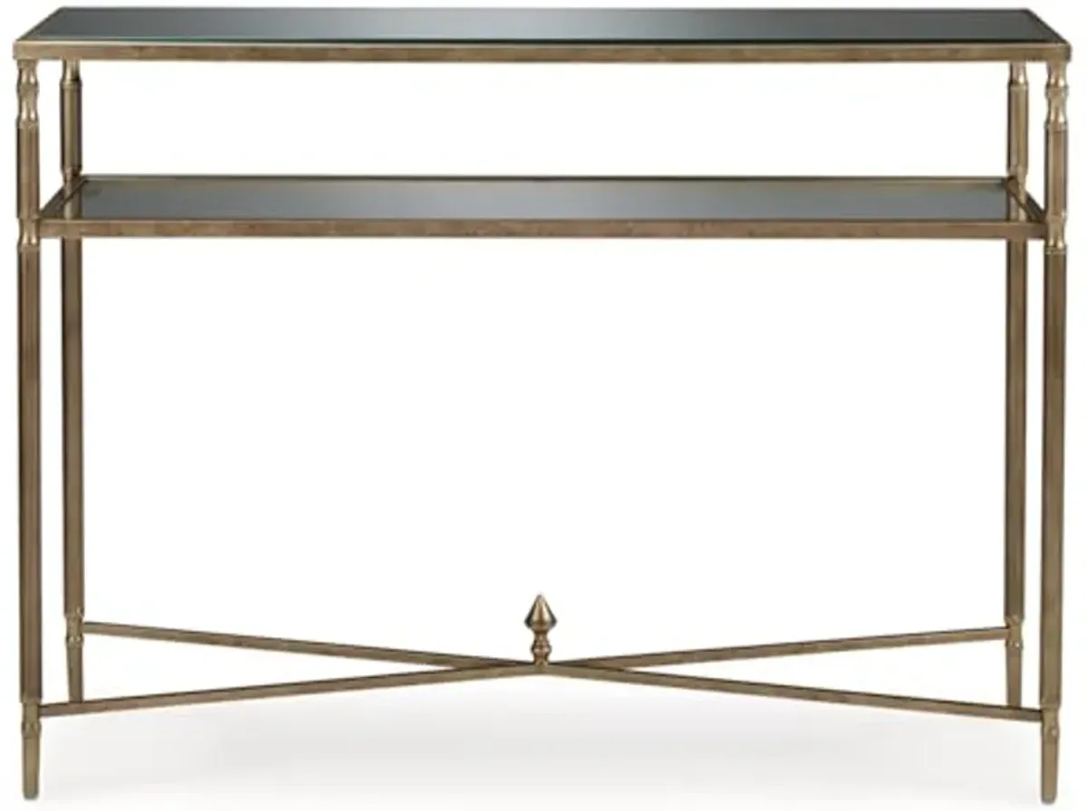 Signature Design by Ashley Cloverty Industrial Mirror-Tabletop Sofa Table with Round Legs and Glass Shelf, Metallic