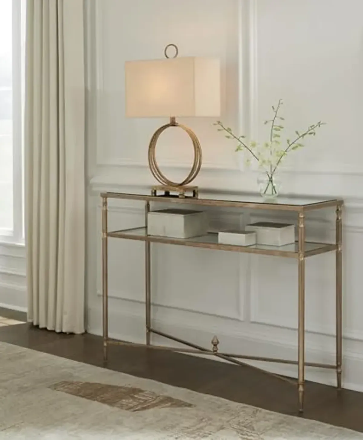 Signature Design by Ashley Cloverty Industrial Mirror-Tabletop Sofa Table with Round Legs and Glass Shelf, Metallic