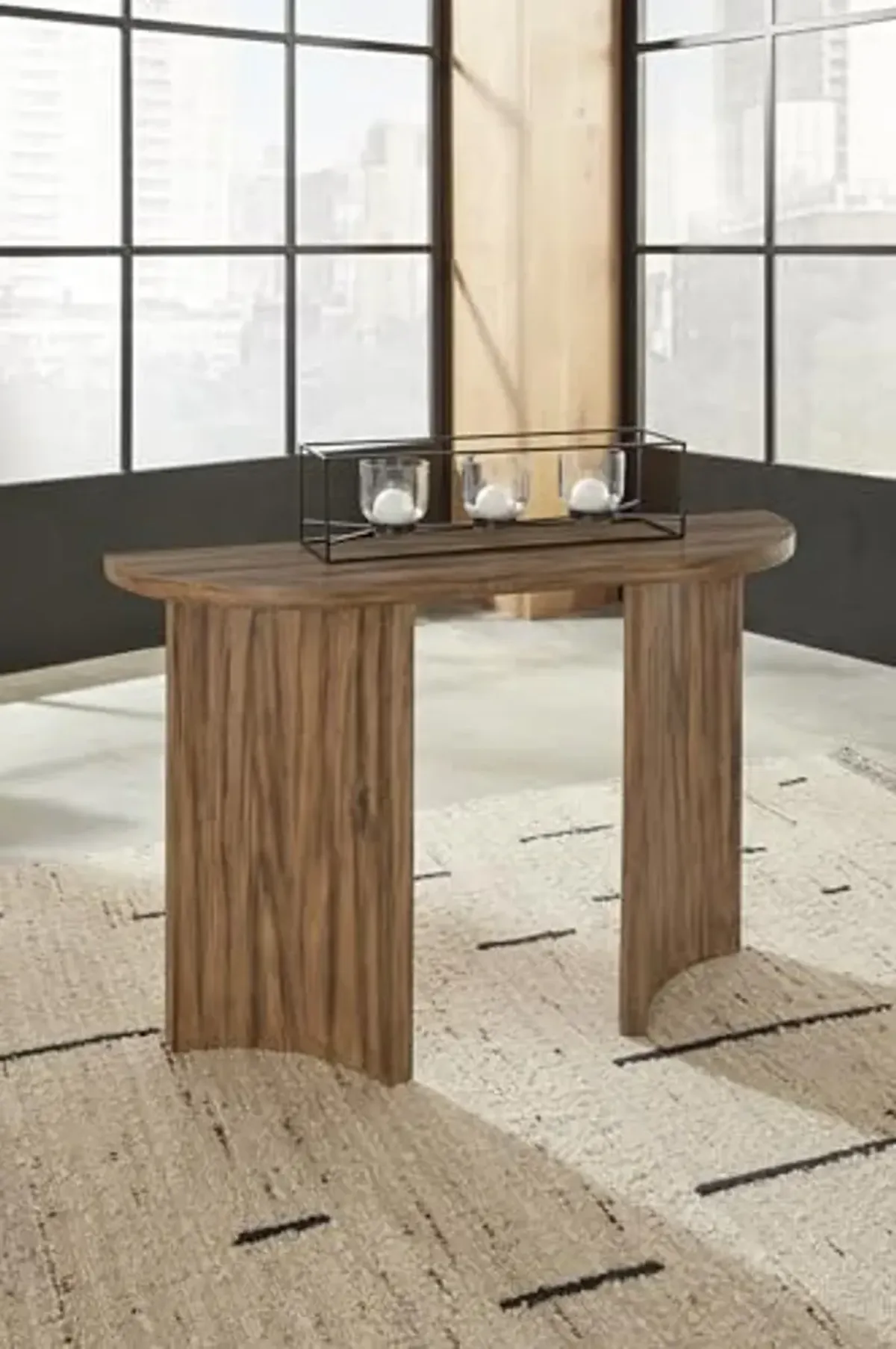 Signature Design by Ashley Austanny Rustic Thick-Tabletop Sofa Table with Curved Plinth Base, Light Brown