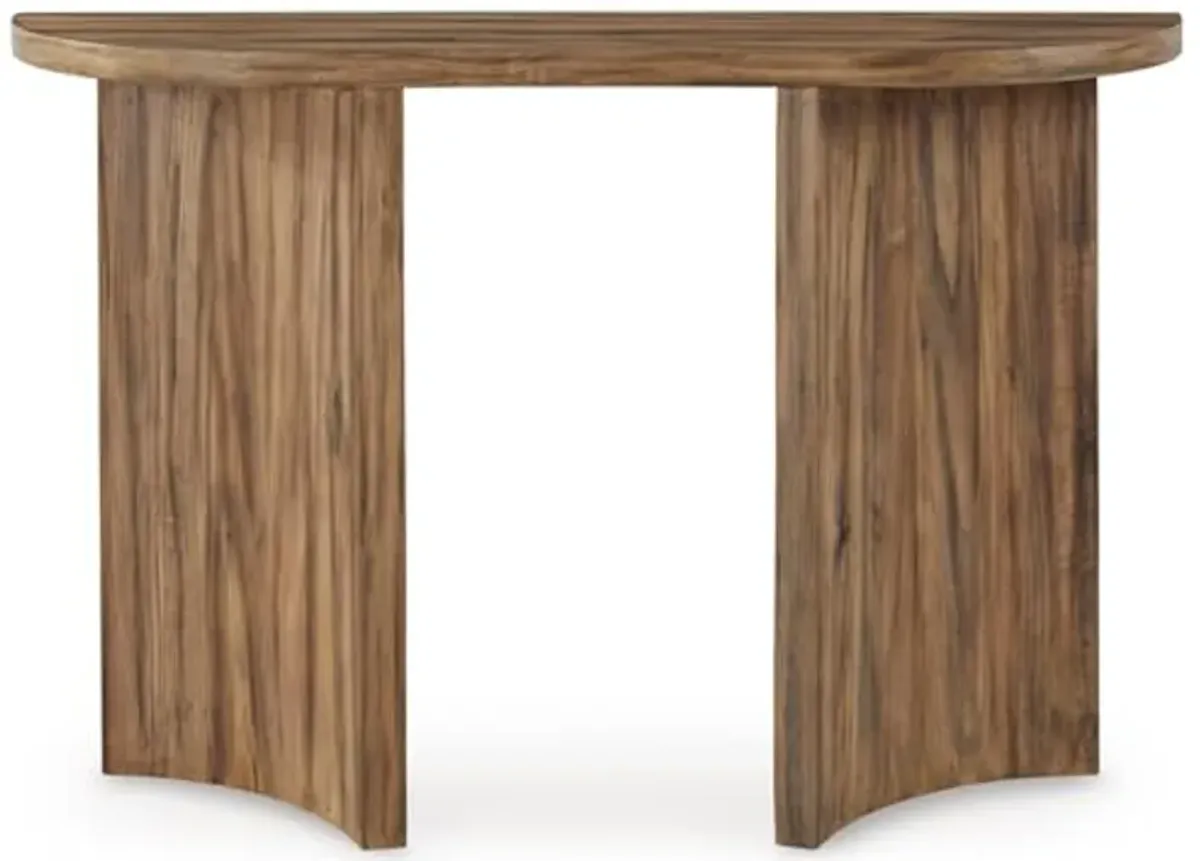 Signature Design by Ashley Austanny Rustic Thick-Tabletop Sofa Table with Curved Plinth Base, Light Brown