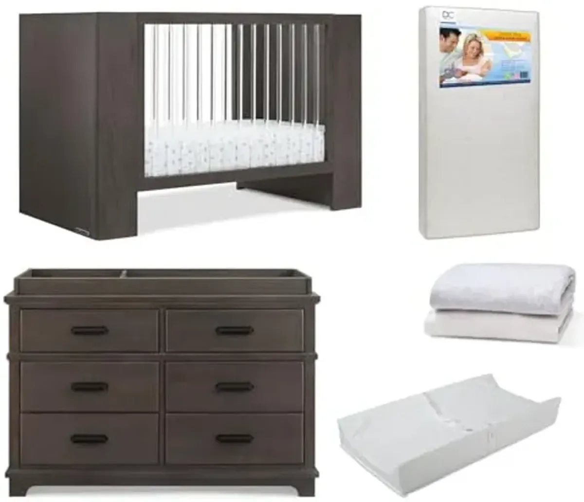 Delta Children Aerin Crib 6-Piece Baby Nursery Furniture Set–Includes: Convertible Crib, 6 Drawer Dresser, Changing Top, Crib Mattress, Sheets & Changing Pad, Rustic Grey