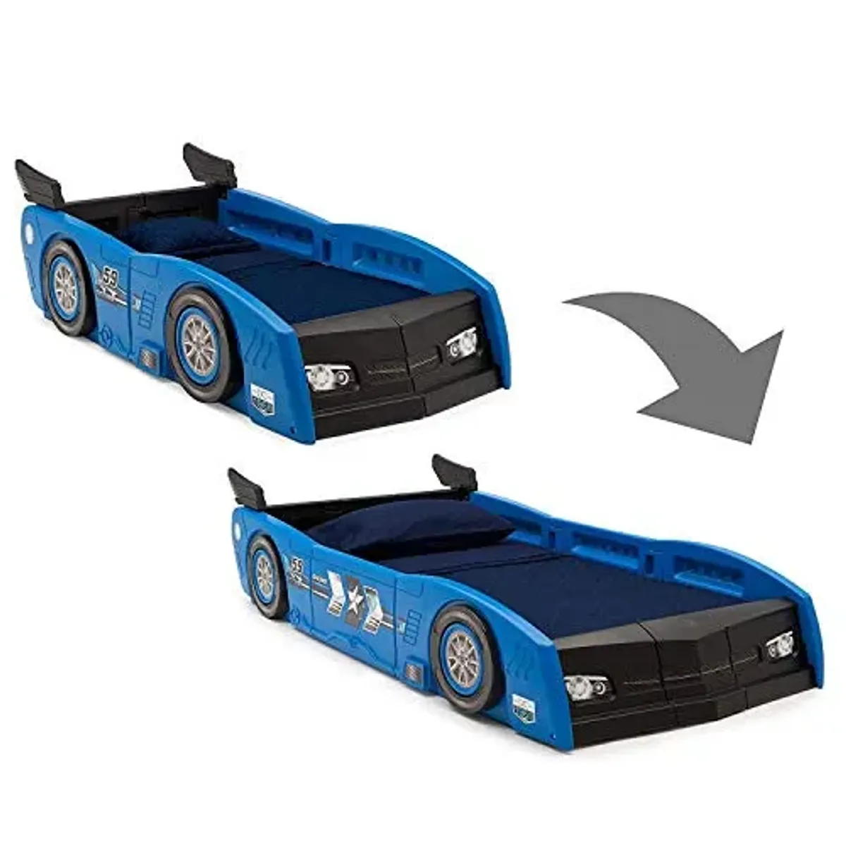 Delta Children Grand Prix Race Car Toddler & Twin Bed - Made in USA, Blue & Twinkle Stars Dual Sided - 6" Premium Sustainably Sourced Fiber Core Crib and Toddler