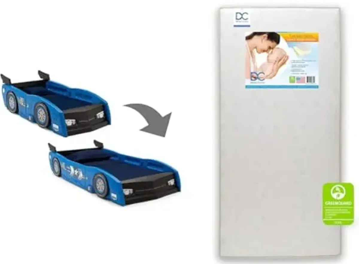 Delta Children Grand Prix Race Car Toddler & Twin Bed - Made in USA, Blue & Twinkle Stars Dual Sided - 6" Premium Sustainably Sourced Fiber Core Crib and Toddler