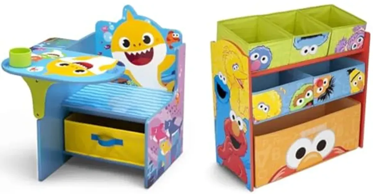 Delta Children Baby Shark Chair Desk with Storage Bin - Ideal for Arts & Crafts, Snack Time, Homeschooling, Homework & More Sesame Street 6 Bin Design and Store Toy Organizer