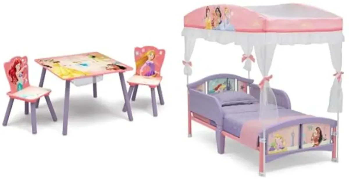 Delta Children Kids Table and Chair Set with Storage (2 Chairs Included) - Ideal for Arts & Crafts, Snack Time, Homeschooling, Homework & More, Disney Princess & Canopy Toddler Bed, Disney Princess