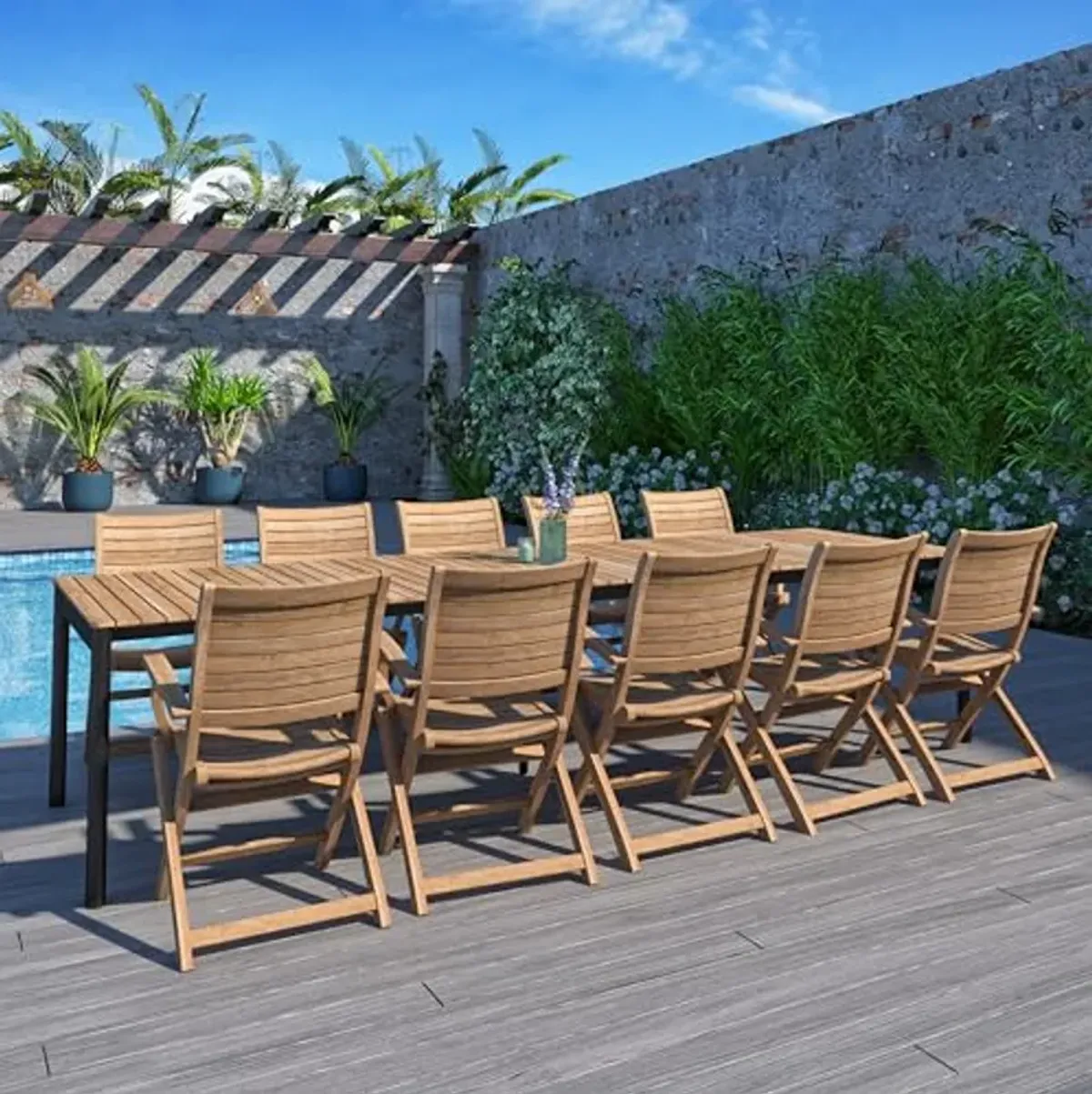 Amazonia Patio Blue Patio 11-Piece Dining Set |Certified Teak|Ideal for Outdoors