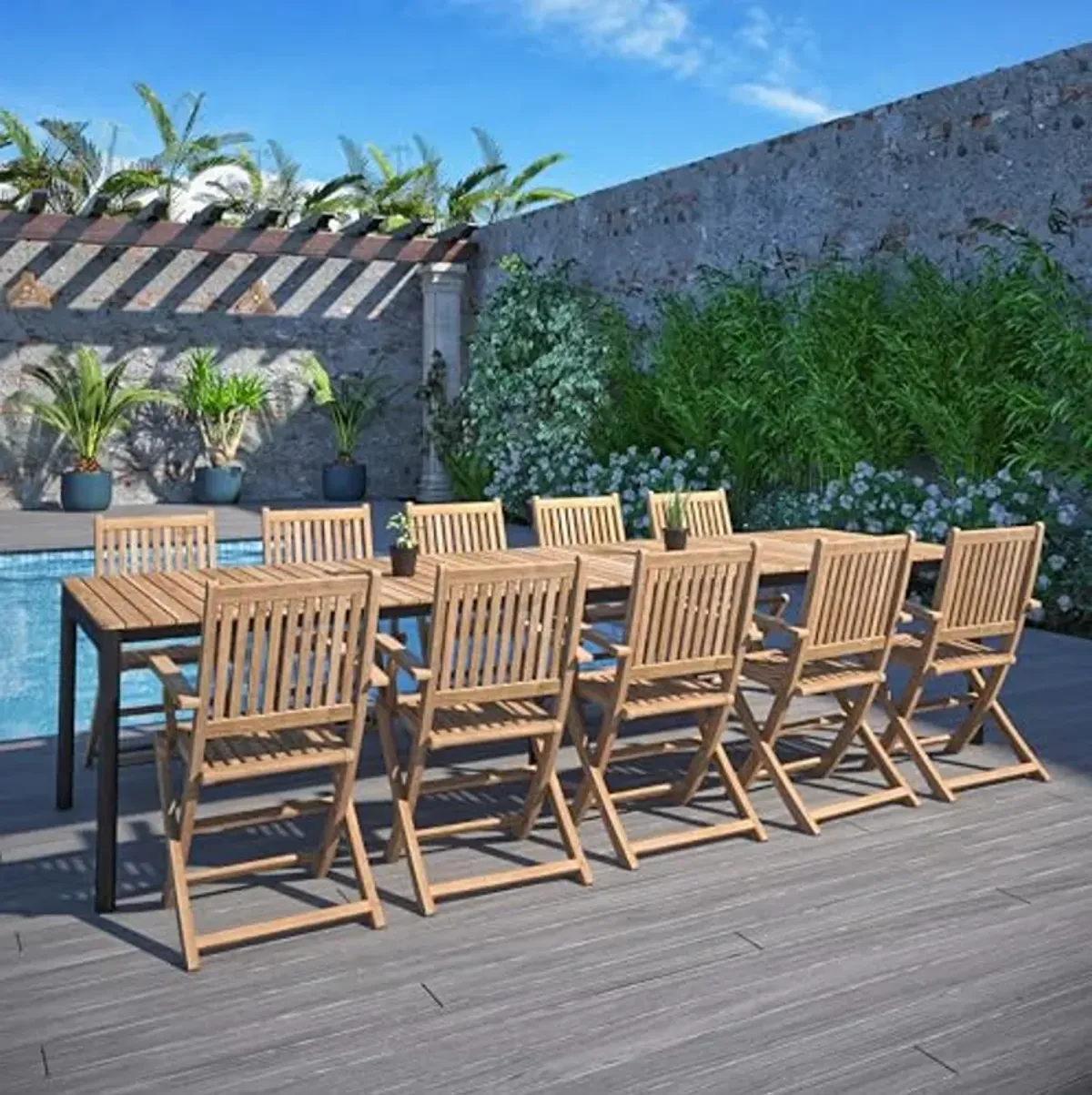 Amazonia Patio Blue Patio 11-Piece Dining Set |Certified Teak|Ideal for Outdoors