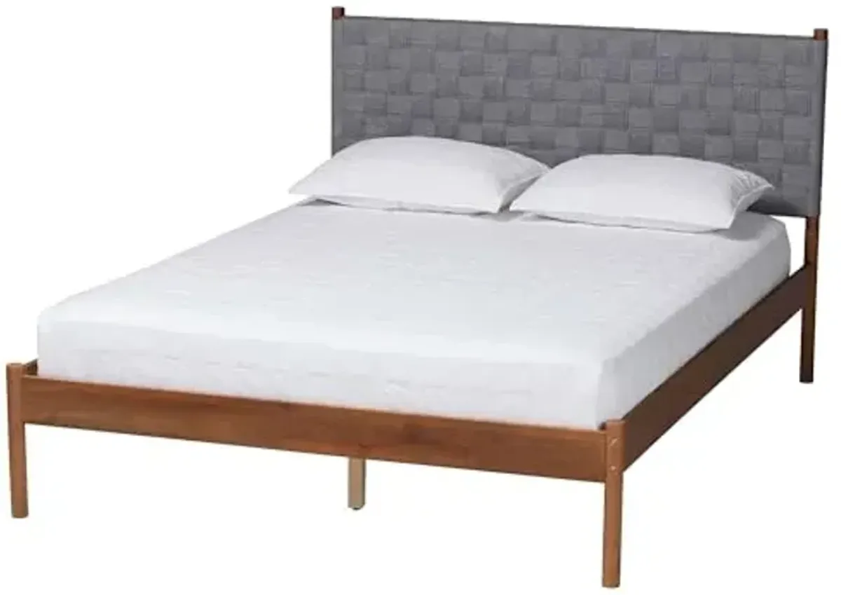 Baxton Studio Estela Mid-Century Modern Grey Woven Fabric and Walnut Brown Wood Queen Size Platform Bed