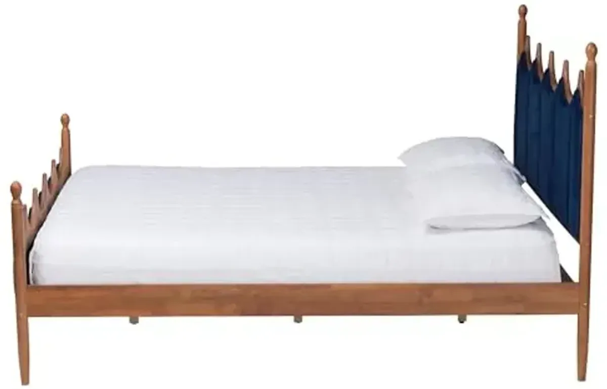 Baxton Studio Calgary Retro-Modern Royal Blue Velvet Fabric and Walnut Brown Wood Queen Size Platform Bed