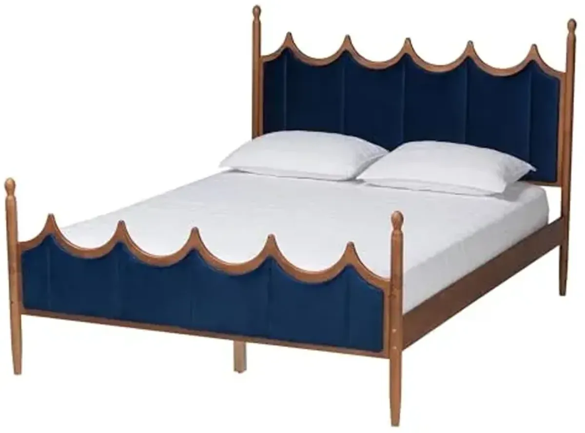 Baxton Studio Calgary Retro-Modern Royal Blue Velvet Fabric and Walnut Brown Wood Queen Size Platform Bed