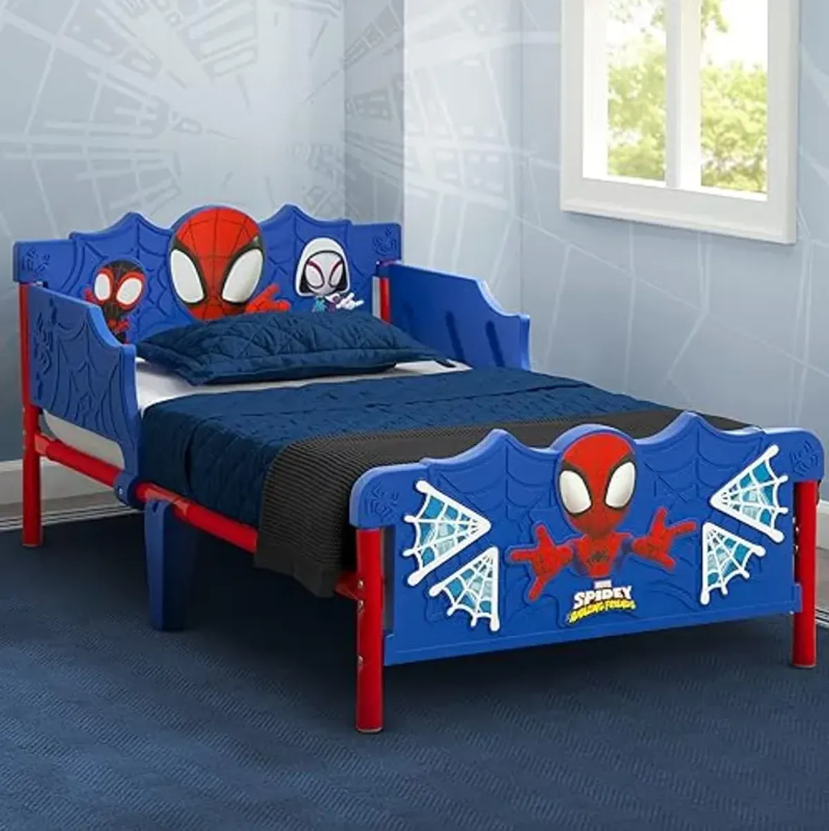 Delta Children CoComelon 3-Piece Toddler Playroom Set, Spidey Toddler Bed, Blue