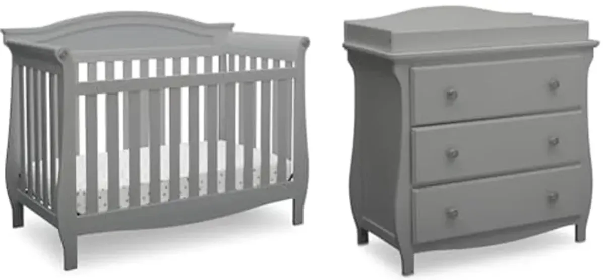 Delta Children Lancaster 4-in-1 Convertible Baby Crib & 3 Drawer Dresser with Changing Top, Grey