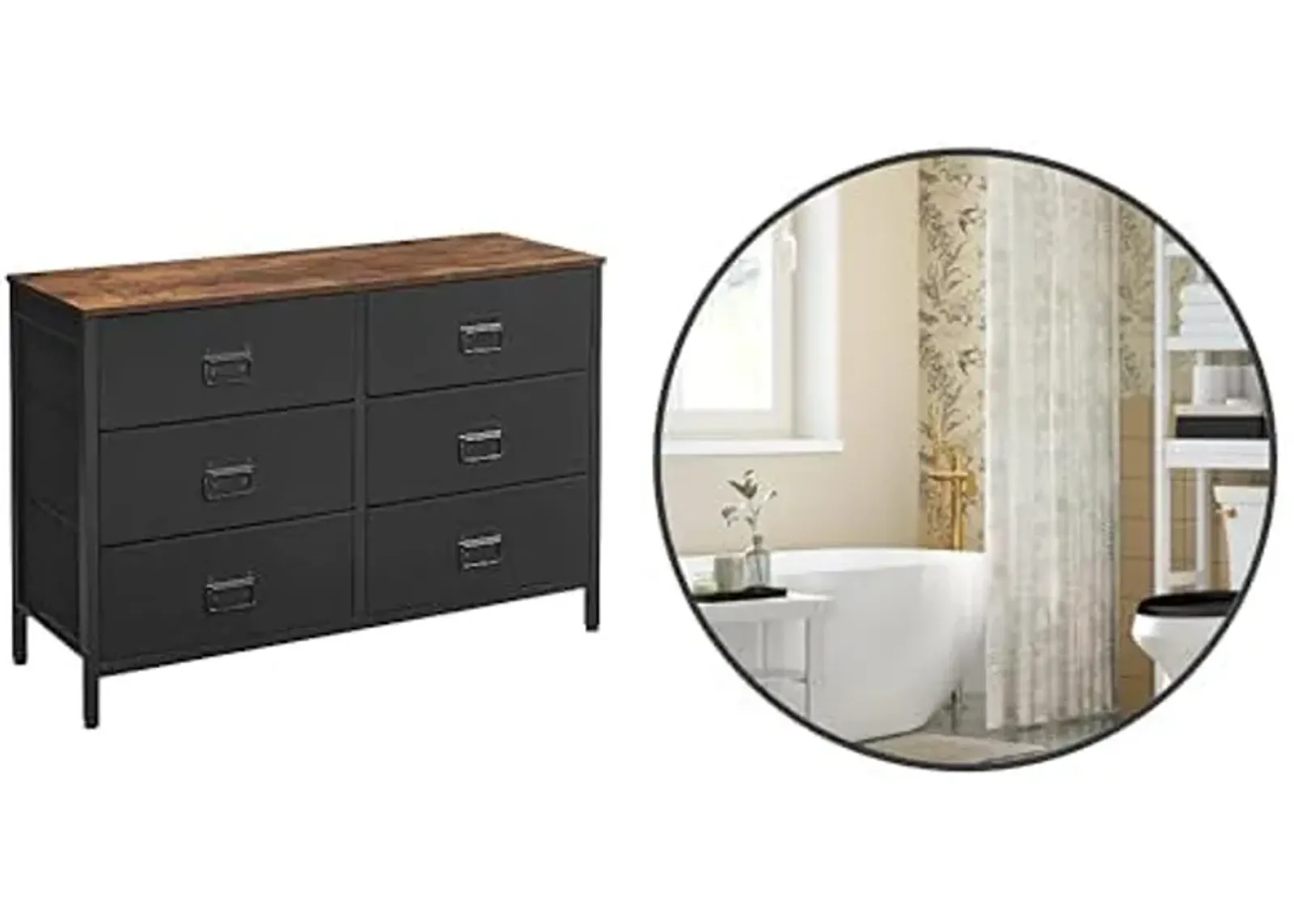 SONGMICS Dresser for Bedroom, Storage Organizer Unit with 6 Fabric Drawers,Round Mirror, Bathroom Mirror for Wall, 24 Inches, Metal Frame,ULTS223B01 & ULWM102B01