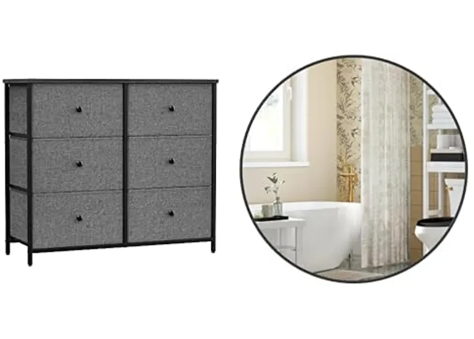 SONGMICS Dresser for Bedroom, Chest of Drawers, 6 Drawer Dresser,Round Mirror, Bathroom Mirror for Wall, 24 Inches, Metal Frame,ULTS323G22 & ULWM102B01