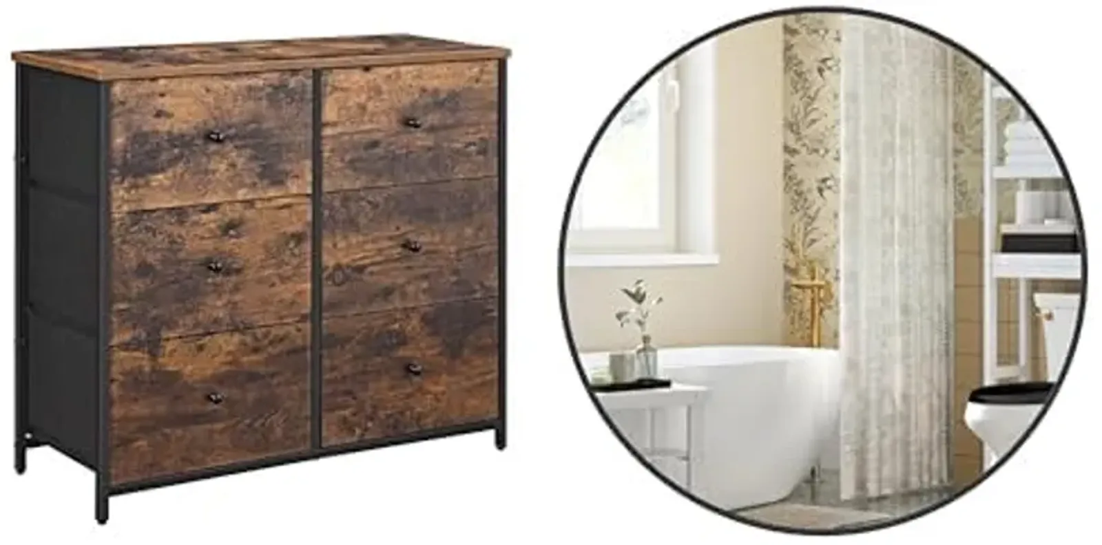 SONGMICS Dresser for Bedroom, Chest of Drawers, 6 Drawer Dresser,Round Mirror, Bathroom Mirror for Wall, 24 Inches, Metal Frame,ULGS23H & ULWM102B01