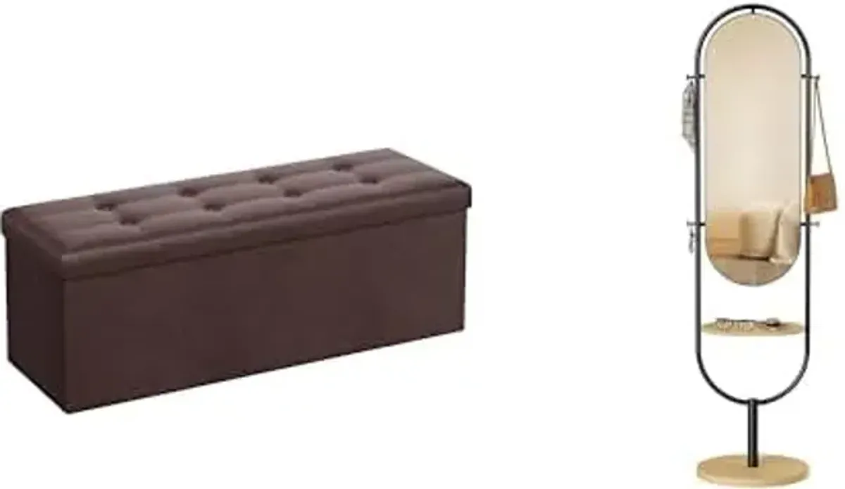 SONGMICS 43 Inches Folding Storage Ottoman Bench, Storage Chest,Full-Length Floor Mirror, 3-in-1, Modern Standing Full Body Mirror, 16.5 x 18.9 x 68.9 Inches,ULSF703 & ULFM007Y01