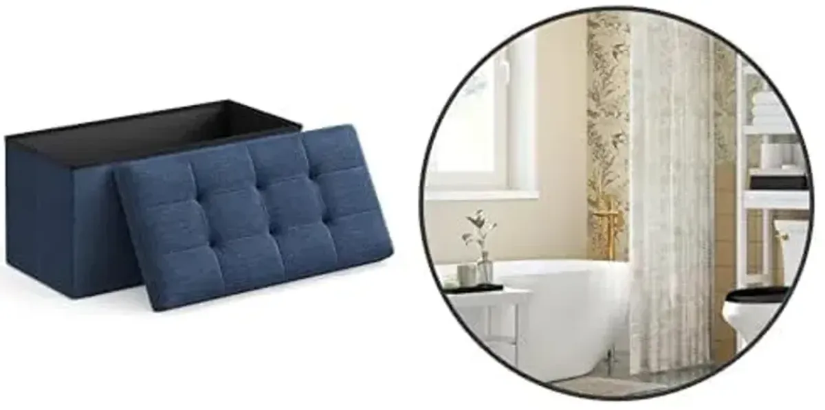 SONGMICS 30 Inches Folding Storage Ottoman Bench, Storage Chest,Round Mirror, Bathroom Mirror for Wall, 24 Inches, Metal Frame,ULSF47IN & ULWM102B01