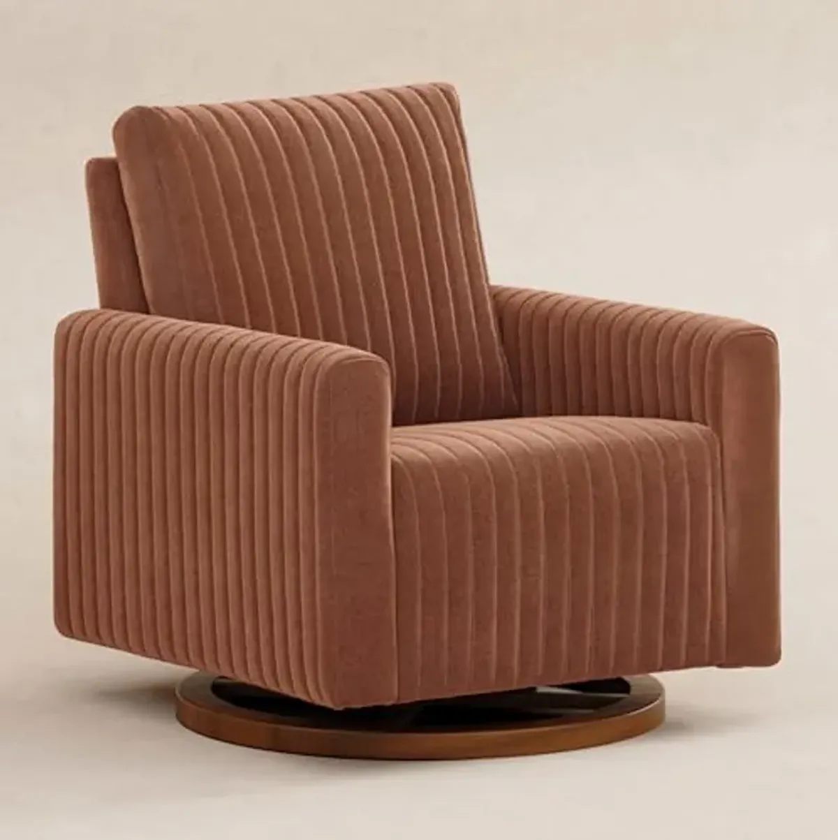 Babyletto Poe Channeled Swivel Glider in Rust Velvet and Dark Wood Base, Greenguard Gold and CertiPUR-US Certified