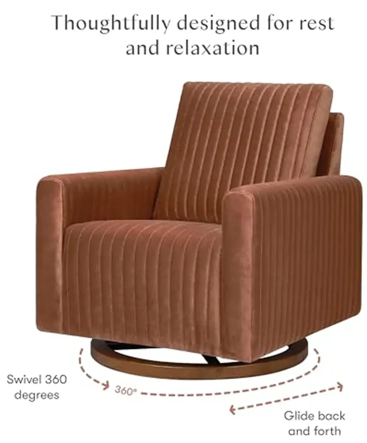 Babyletto Poe Channeled Swivel Glider in Rust Velvet and Dark Wood Base, Greenguard Gold and CertiPUR-US Certified