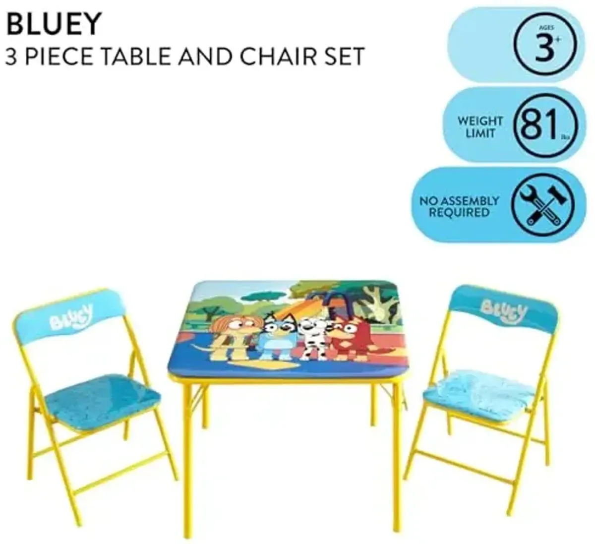 Idea Nuova Bluey Kids Table and Chair Set, 3 Piece Folding Activity Set with Square Table & 2 Chairs,Furniture for Playroom, Crafting, Ages 3+