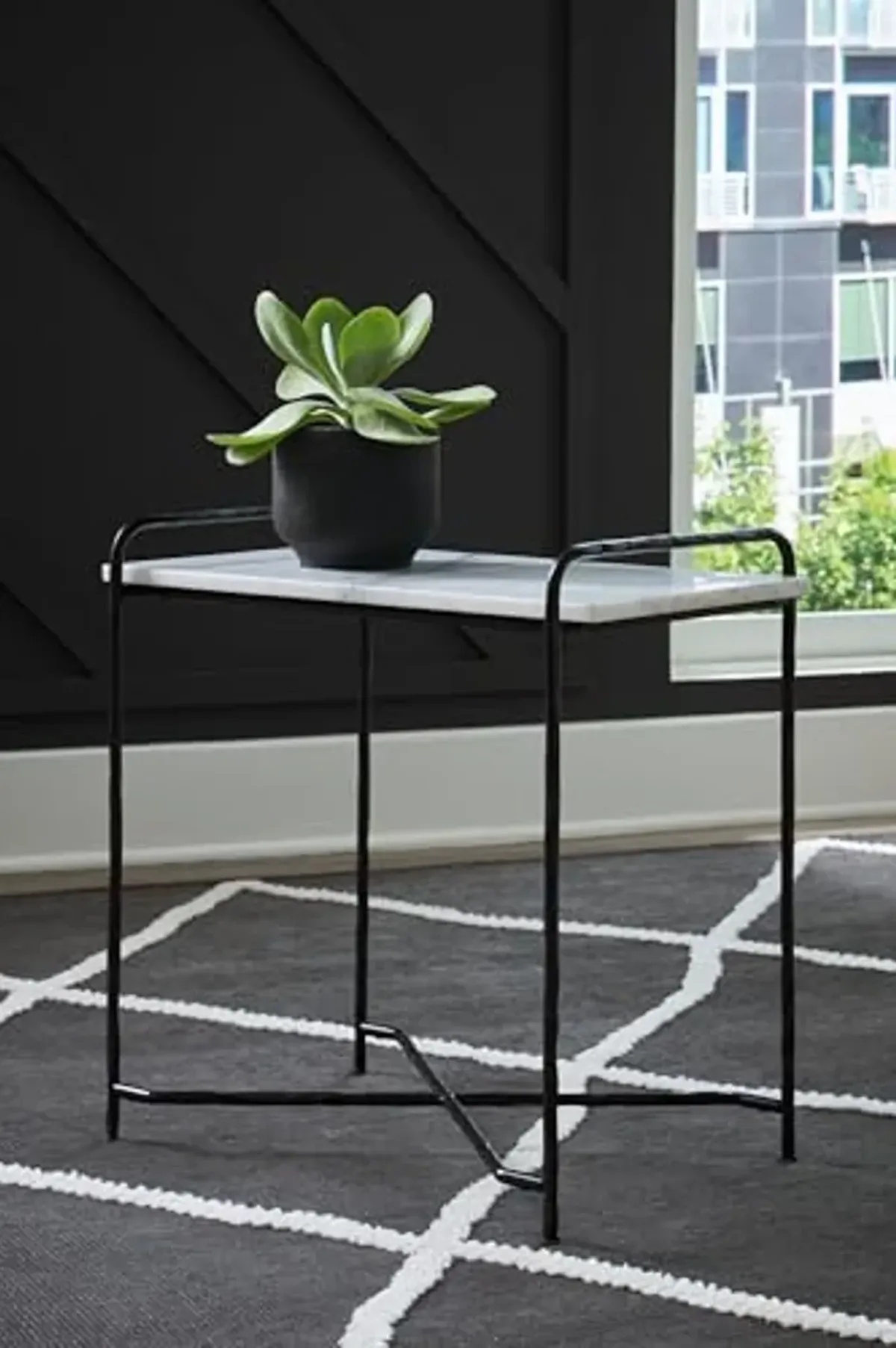 Signature Design by Ashley Ashber Contemporary Marble-Tabletop Accent Table with Cross Legs, White & Black