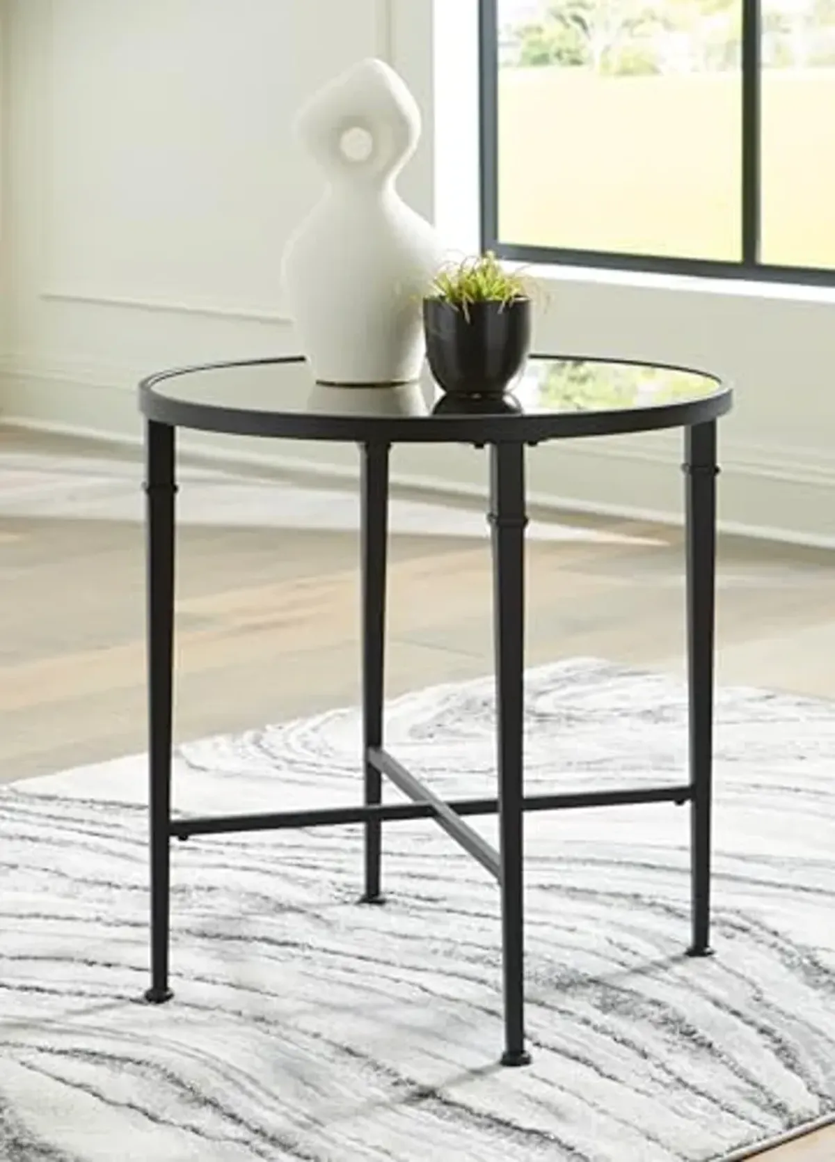 Signature Design by Ashley Cadeburg Industrial Mirrored-Tabletop Accent Table with Antiqued Finish, Black