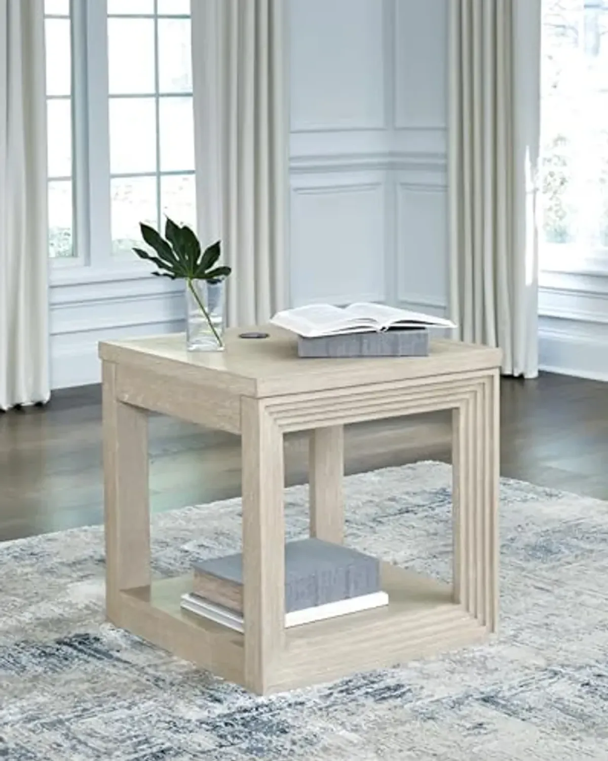 Signature Design by Ashley Marxhart Transitional End Table with Lower Shelf and Wireless Charging, Light Brown