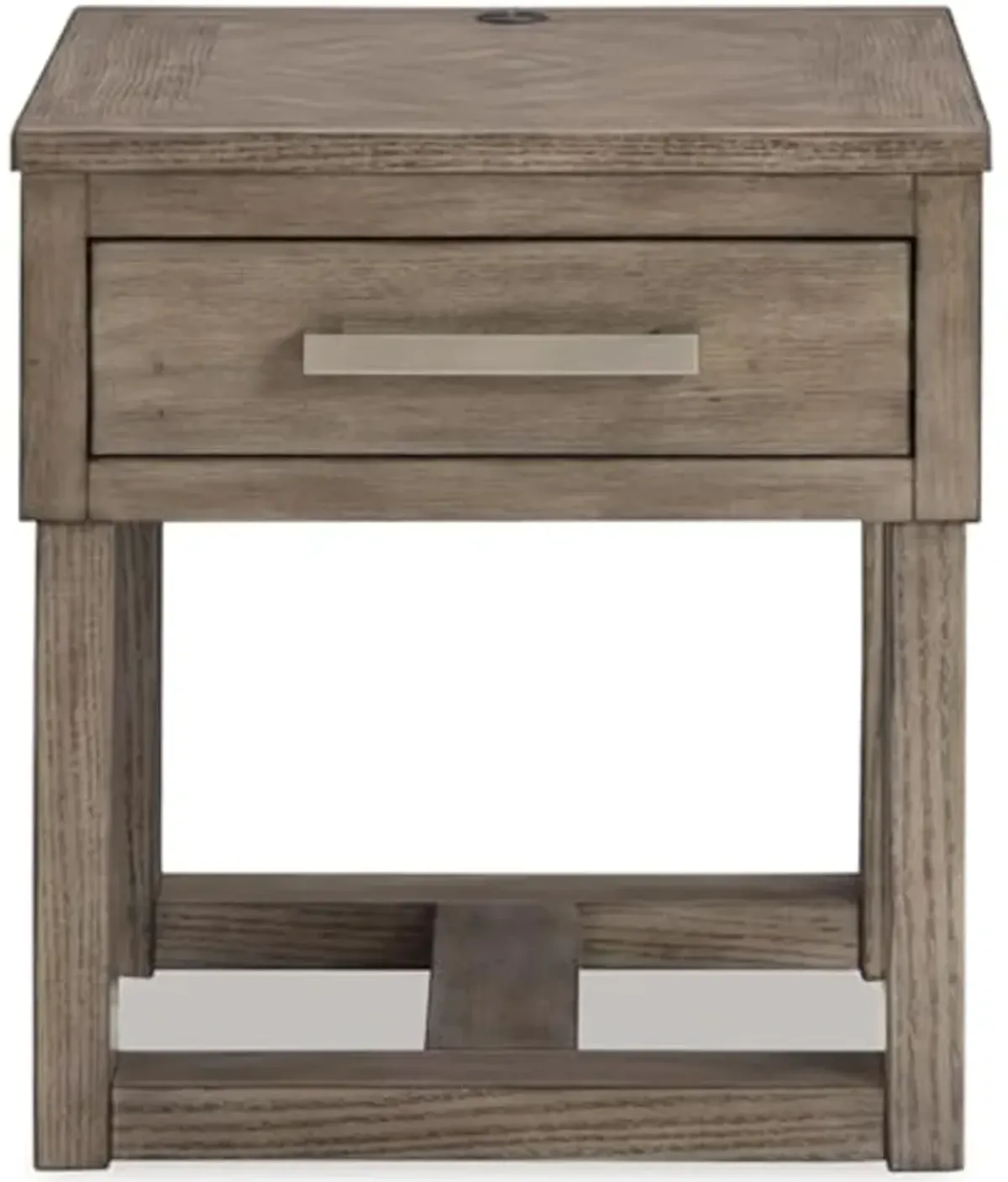 Signature Design by Ashley Loyaska Casual 1-Drawer End Table with USB Ports and Trestle Base, Gray and Light Brown