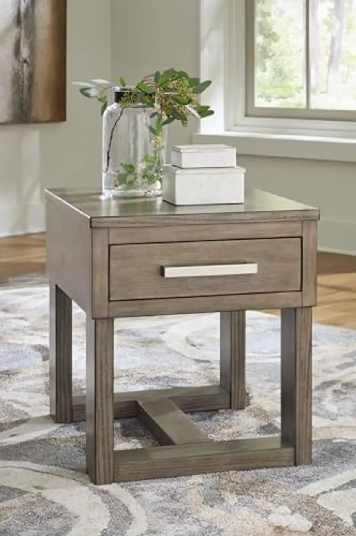 Signature Design by Ashley Loyaska Casual 1-Drawer End Table with USB Ports and Trestle Base, Gray and Light Brown