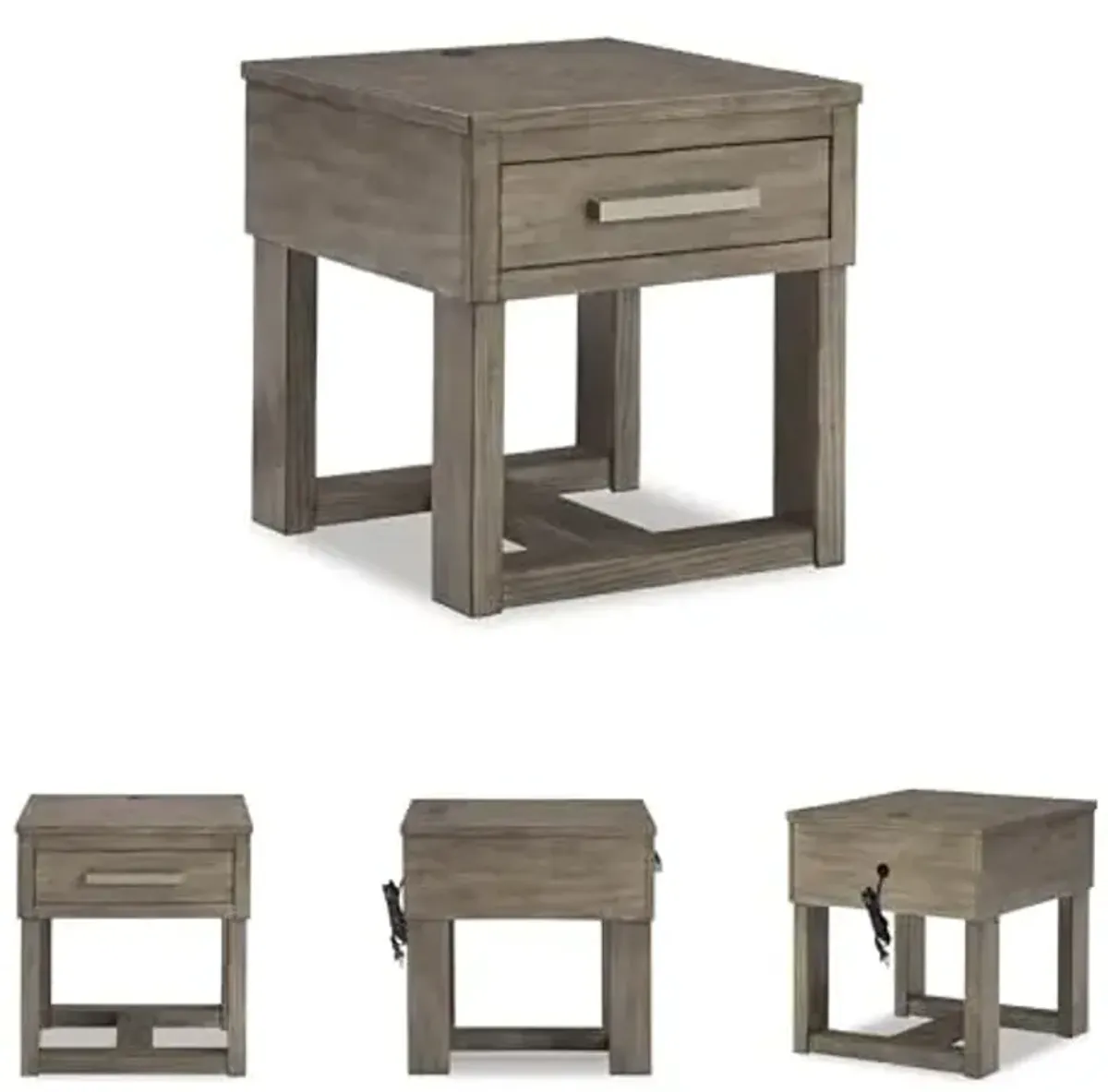 Signature Design by Ashley Loyaska Casual 1-Drawer End Table with USB Ports and Trestle Base, Gray and Light Brown