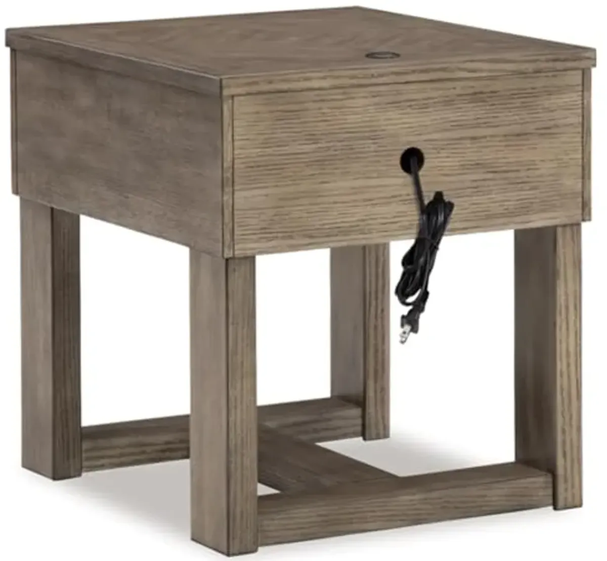 Signature Design by Ashley Loyaska Casual 1-Drawer End Table with USB Ports and Trestle Base, Gray and Light Brown