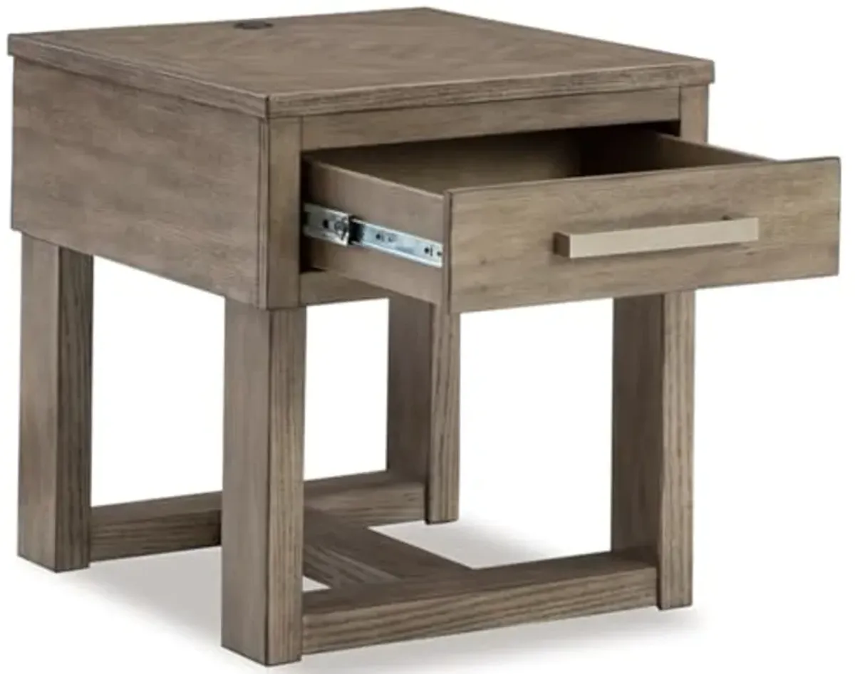 Signature Design by Ashley Loyaska Casual 1-Drawer End Table with USB Ports and Trestle Base, Gray and Light Brown