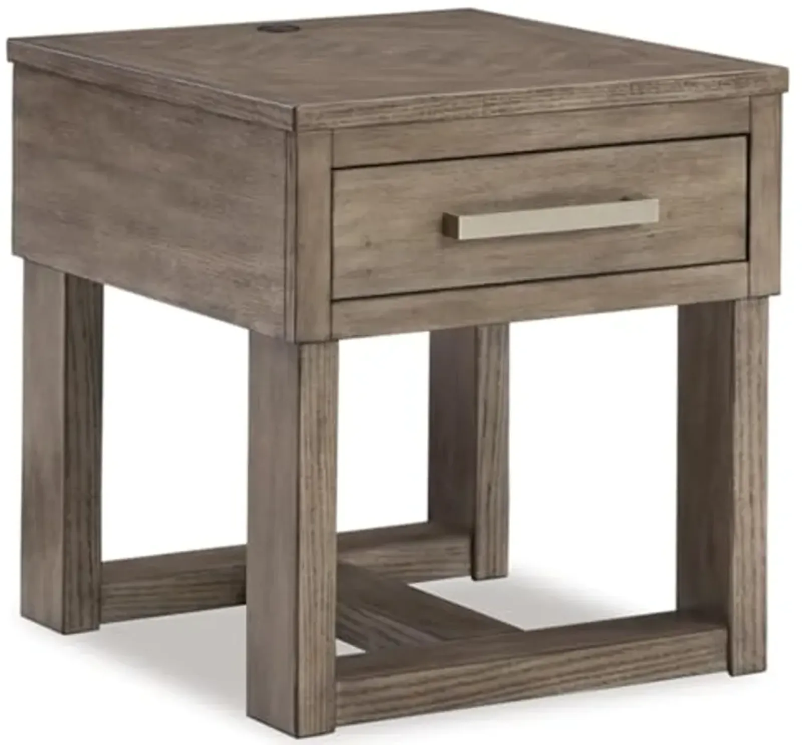 Signature Design by Ashley Loyaska Casual 1-Drawer End Table with USB Ports and Trestle Base, Gray and Light Brown