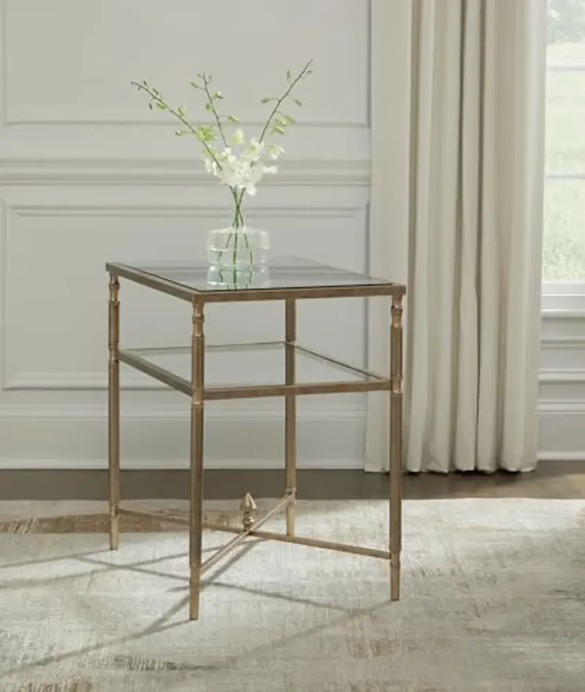 Signature Design by Ashley Cloverty Industrial Mirror-Tabletop End Table with Round Legs and Glass Shelf, Metallic