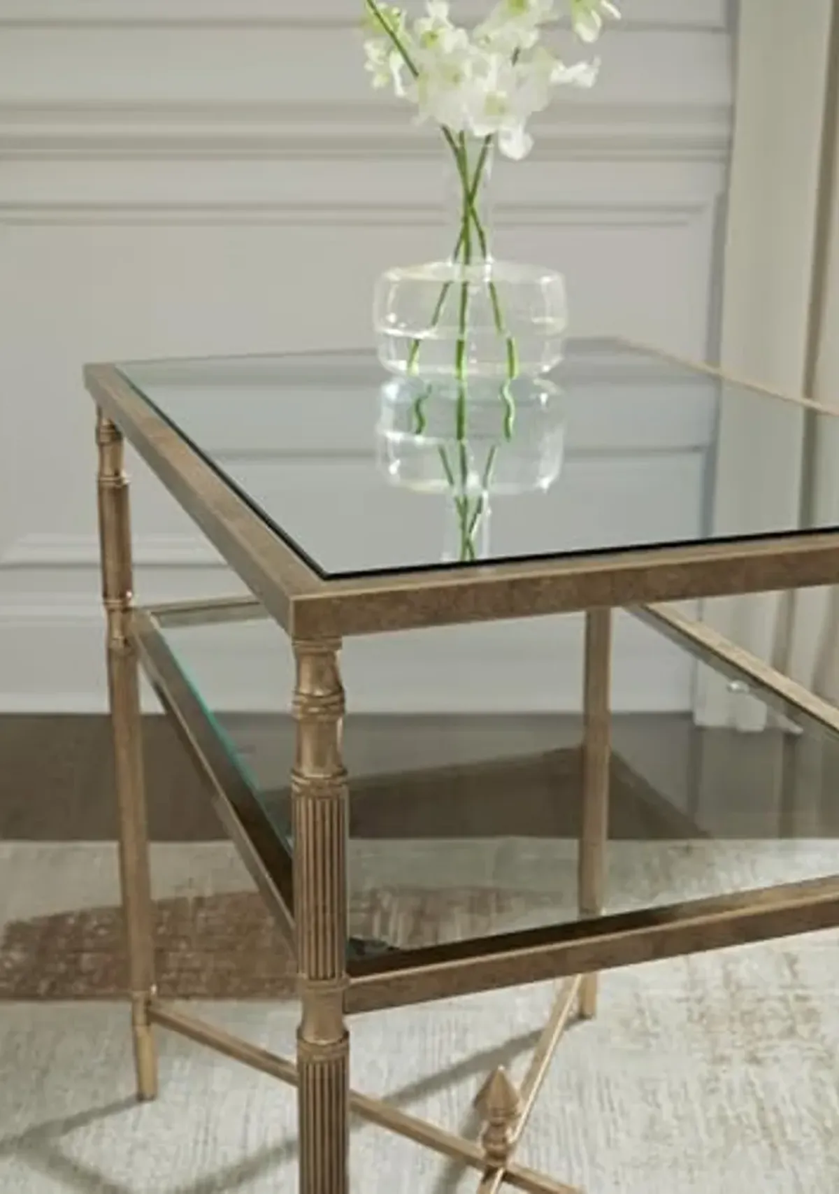 Signature Design by Ashley Cloverty Industrial Mirror-Tabletop End Table with Round Legs and Glass Shelf, Metallic